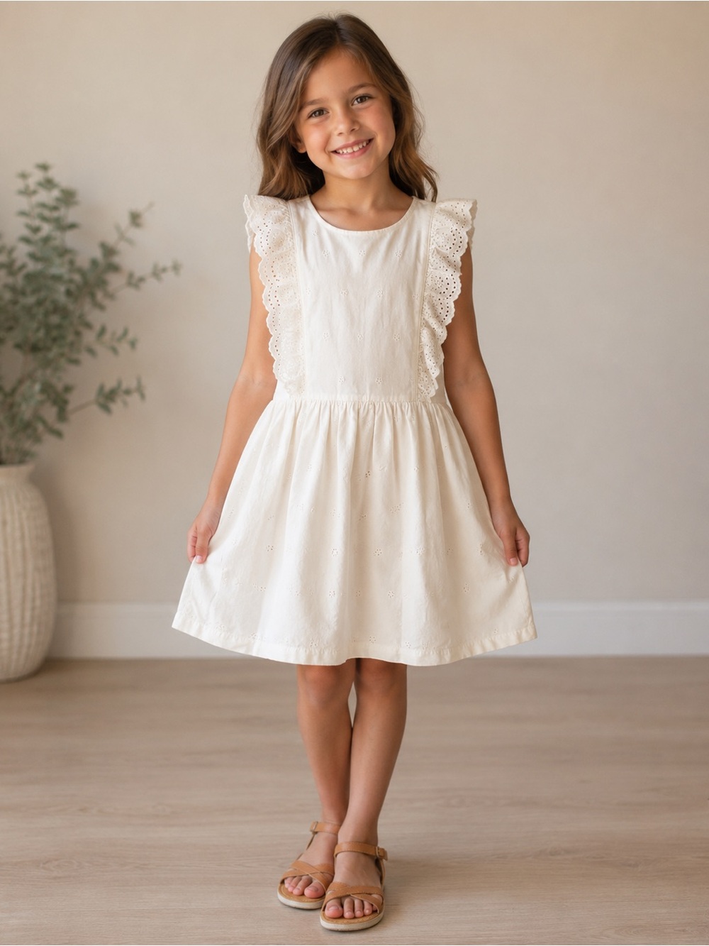 Girls White Eyelet Ruffle Dress- size M